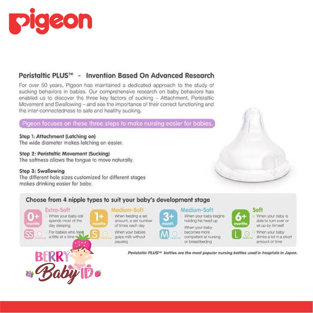 Pigeon 3 pcs Peristaltic Plus Nipple Blister Wide Neck Botol Susu Bayi Berry Mart