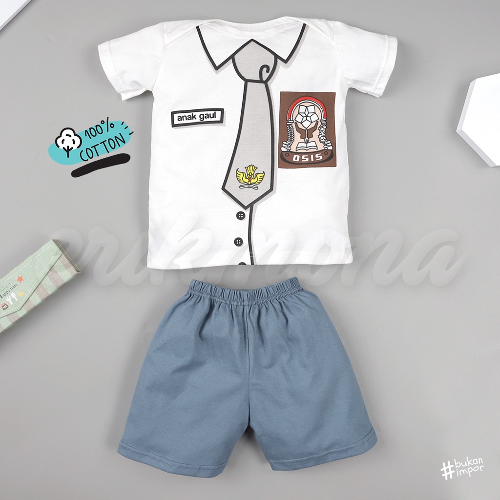 Ermon Baby - Setelan Anak Laki Laki Perempuan Baju Anak Cowok Cewek Lucu Karakter Seragam SMA + Celana Usia 1 - 3 Tahun