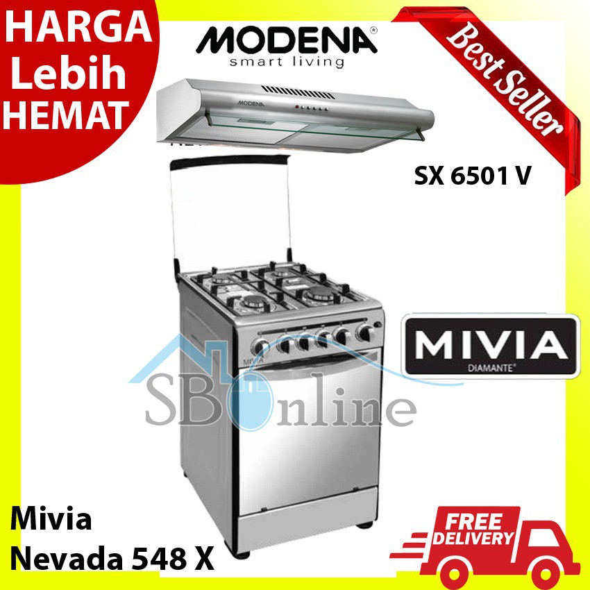 PAKET KOMPOR FREESTANDING DIAMANTE MIVIA 548 X DAN COOKER HOOD MODENA SX 6501 V
