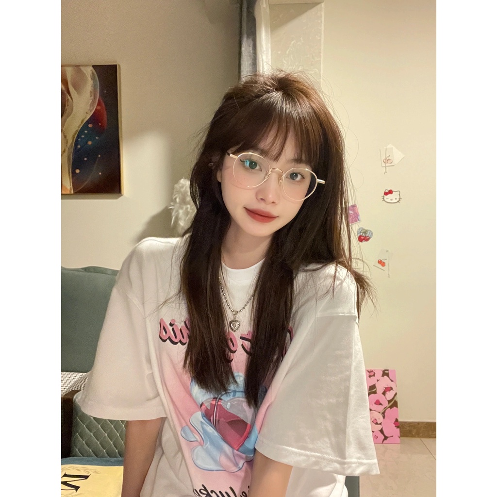 EUNII T-shirt Lengan Pendek Cinta Es Batu Pencetakan Longgar Korean Style/Kaos Atasan Wanita/Baju Kaus Oversize Wanita