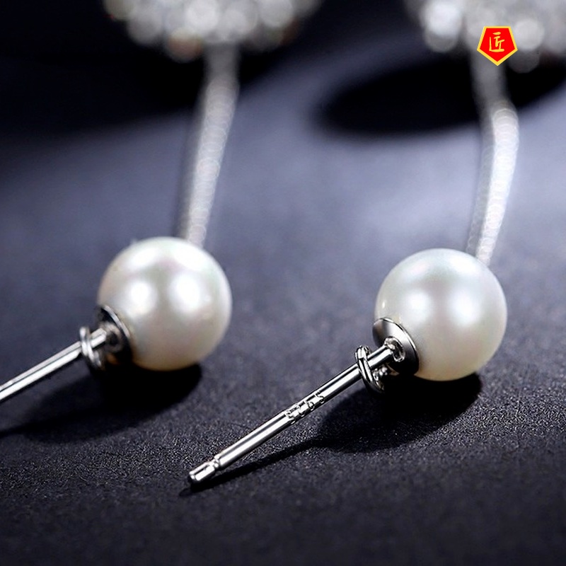 [Ready Stock]Pearl Tassel Long Inlaid Crystal Diamond Ball Earrings