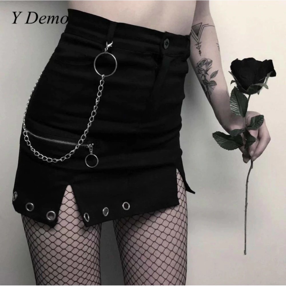 Gothic High Waist Black A-line Mini Skirt Women Sexy Chain Rock Mini Skirt Slim Harajuku