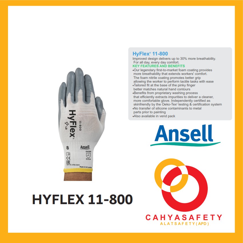 ansell / HyFlex 11-800 / hyflex / 11-800 / sarung tangan safety / sarung tangan / safety