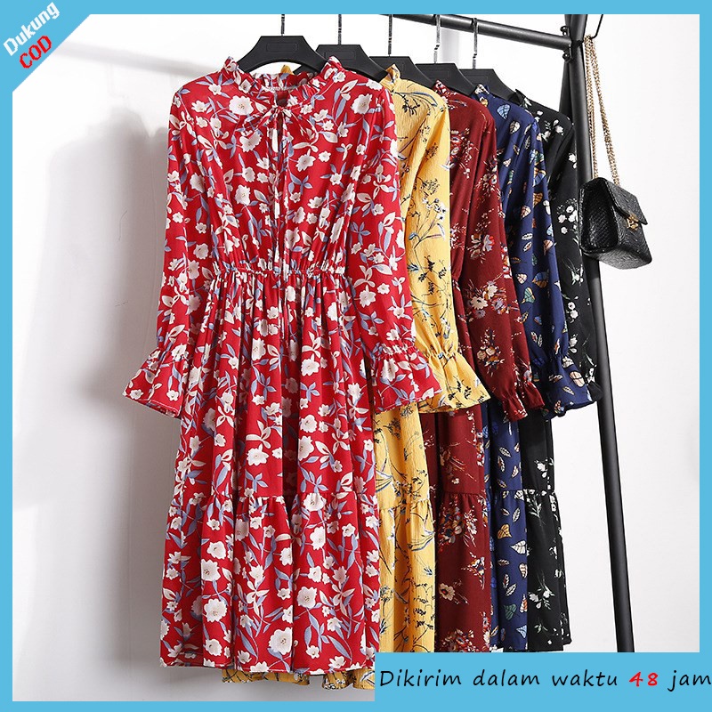 [CUCI GUDANG]Dress Maxi midi Gaun sifon cetak sederhana wanita Korea yang baru diimpor panjang modern korean style