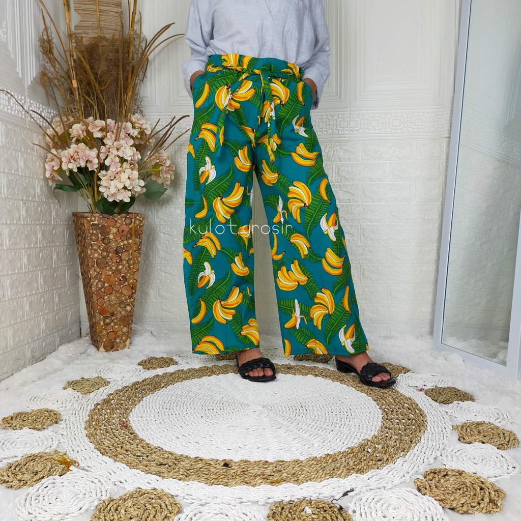 Promo katun jepang bunga / celana kulot panjang motif-HIJAU