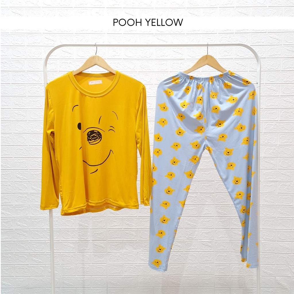 3522 kaos pajamas long pooh yellow one set import big baju tidur