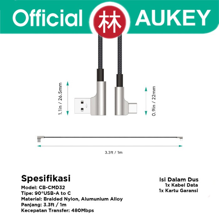 Aukey CB-CMD32 90º Braided Nylon Data Cable Type-C Gaming