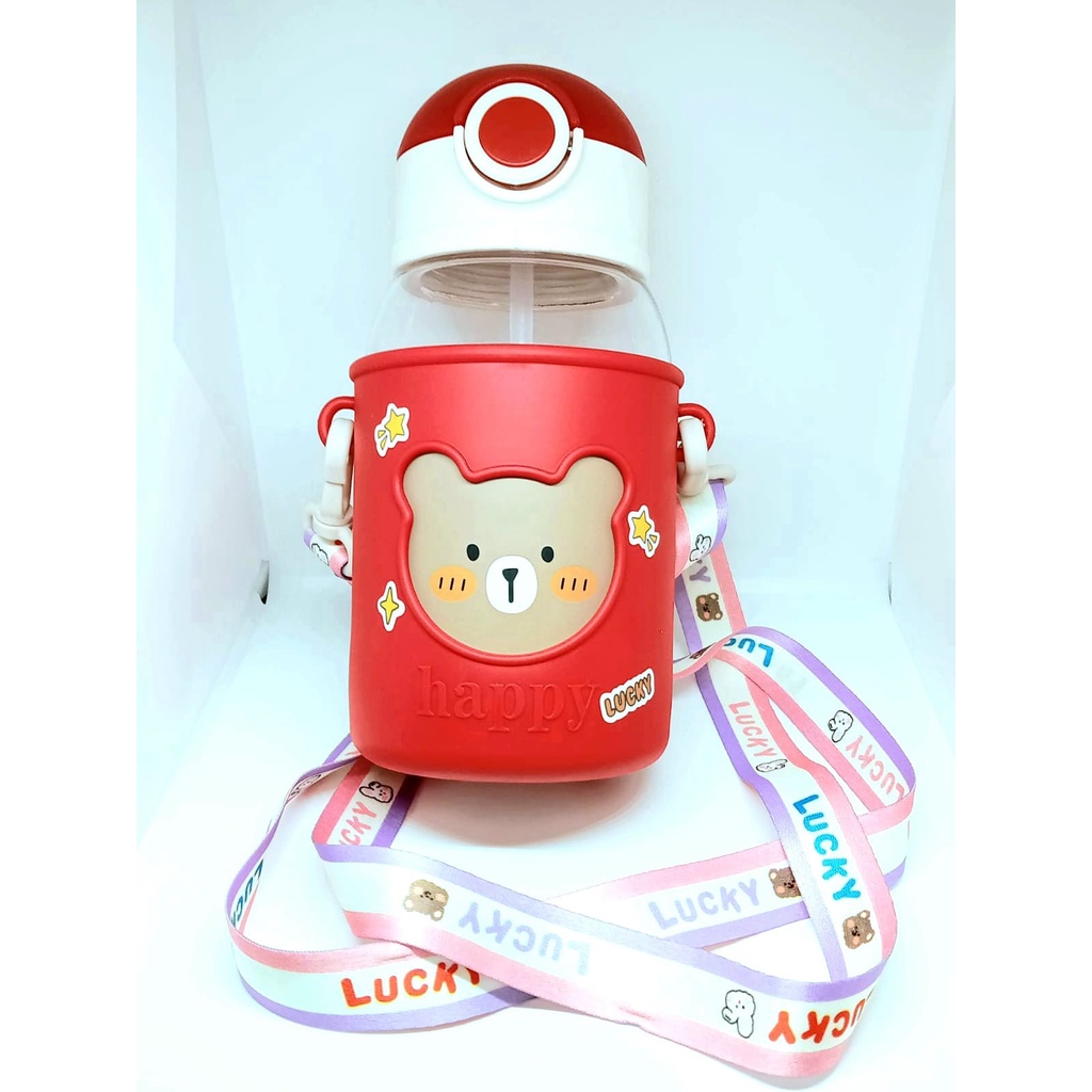 Botol Minum Anak Sedotan Karakter Lucu Ukuran 620 ml S05 Botol Air Minum Anak Sekolah SD TK BPA Free Tali Panjang Bening Transparan