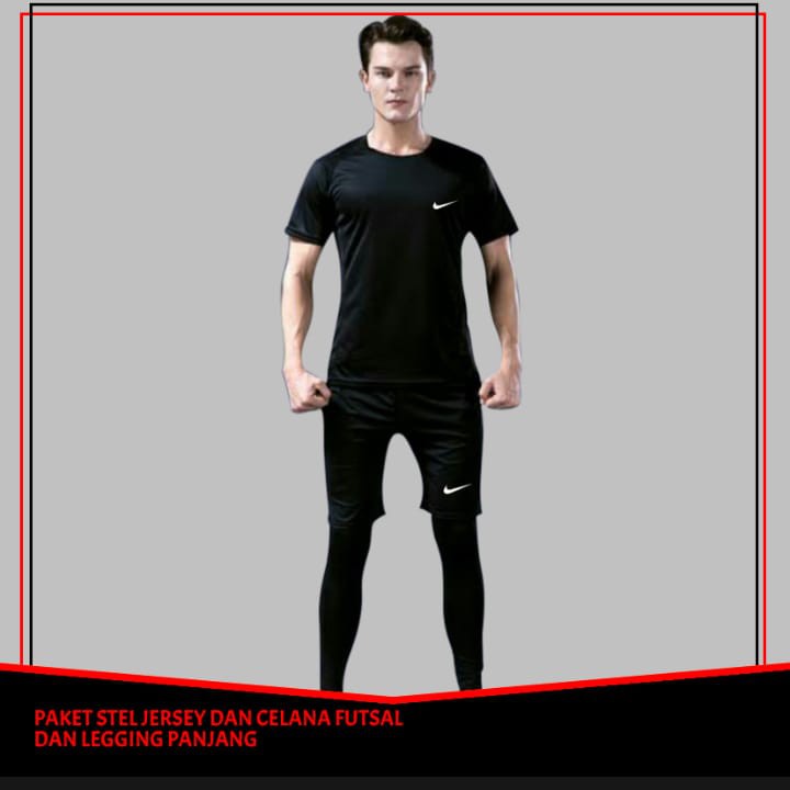 PAKET SETELAN JERSEY LENGAN PENDEK &amp; LEGING PANJANG + CELANA PENDEK OLAH RAGA SPORTY