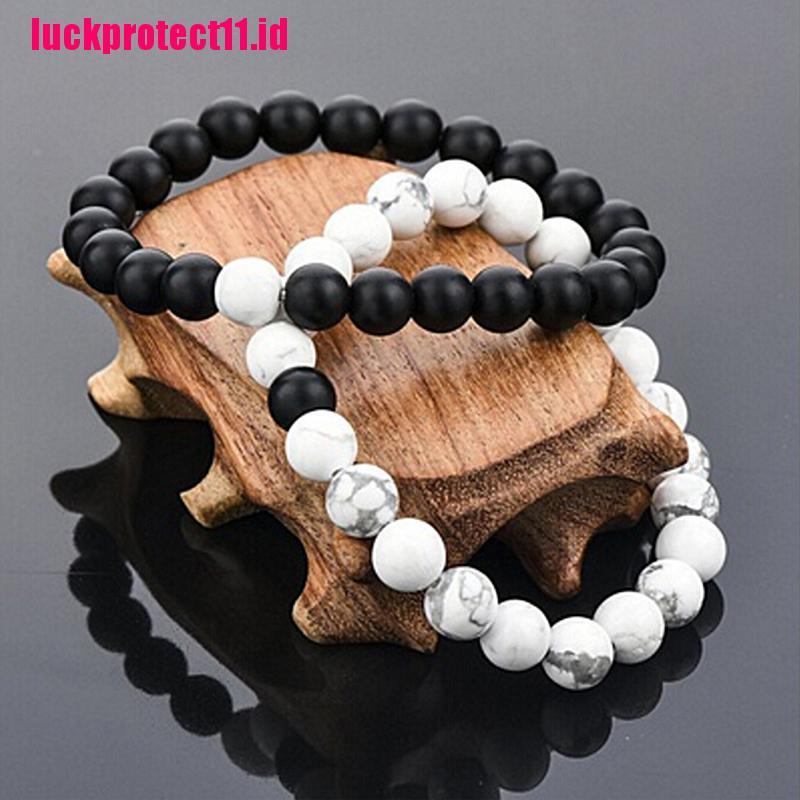 (LUCK) 2pcs / Set Gelang Manik Lava Tulisan His &amp; Hers Untuk Pasangan / Pria / Wanita