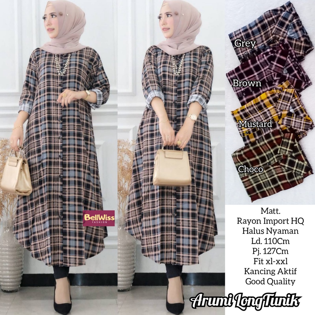 arumi long tunik by bellwiss ld 110 dan Ld 122cm allsize busui long tunik bahan rayon import motif k