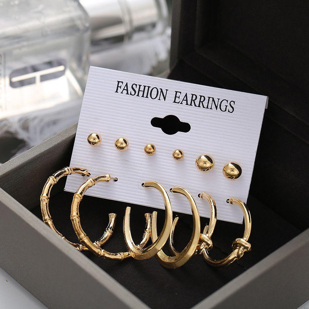 6 Pasang / Set Anting Tusuk Bentuk Geometri Gaya Punk Untuk Wanita