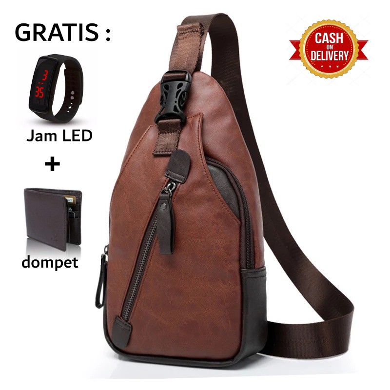 Tas Selempang Pria Kulit Murah Anti Air - Luke Bag bonus Dompet + Jam Tangan LED/Headset