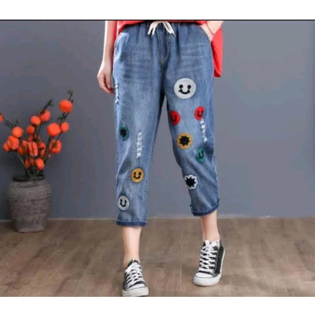 Highwaist Boyfriend Emoji Terbaru//Celana Boyfriend Hightwaist Full Karet//Boyfriend Bordir Emoji Pr