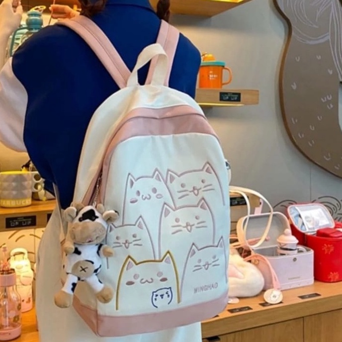 samasuka.shop - Tas Anak Perempuan MingHao Fashion Korea Ransel KPOP Funny Cat Ming Hao Keren Terbaru