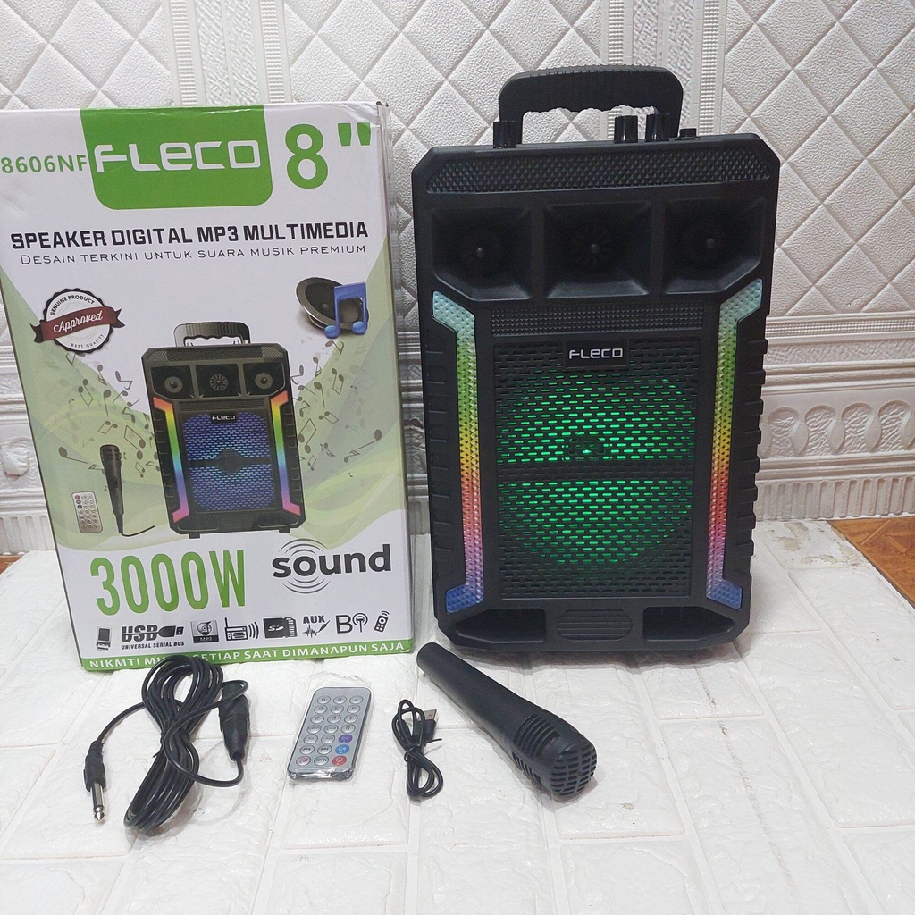 TERBARU Speaker Bluetooth FLECO F-8606NF uk 8 Inchi Free Mic + Remote/Speaker Karaoke /FM Radio/USB/Memory Card