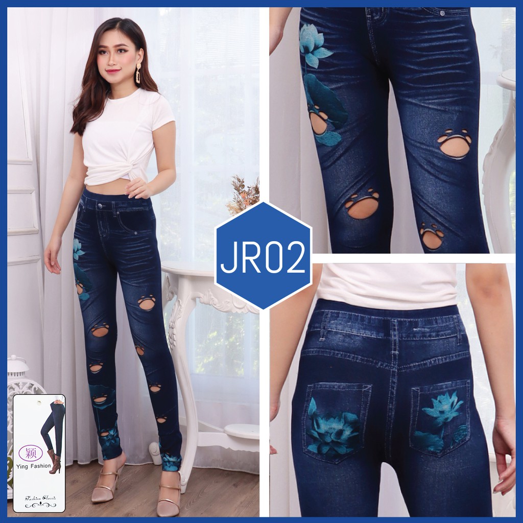 Legging Ripped Jeans 02 / Legging Import Jumbo Wanita / Legging kekinian / Legging jeans robek / legging fashion wanita