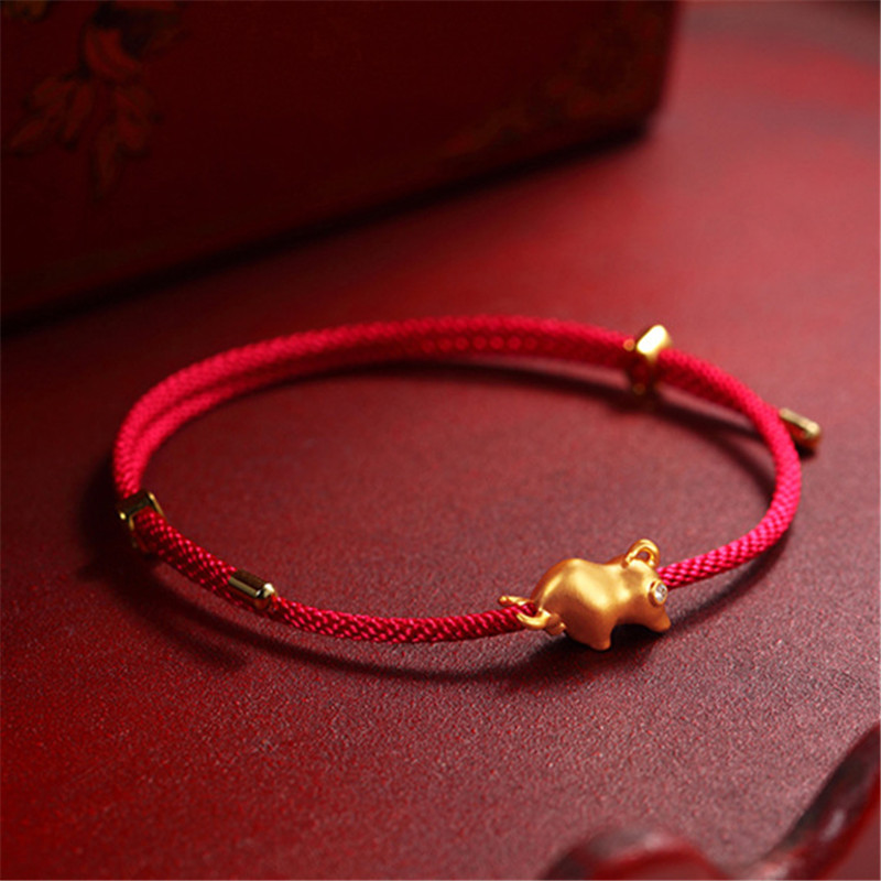 [Ready Stock]Fashion Unique Gold-Plated round Beads Calf Bracelet Red Rope Bracelet