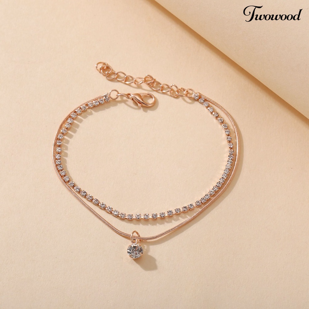 Twowood Double Layered Rhinestone Pendant Women Anklet Alloy Full Rhinestone Snake Chain Beach Anklet Foot Jewelry