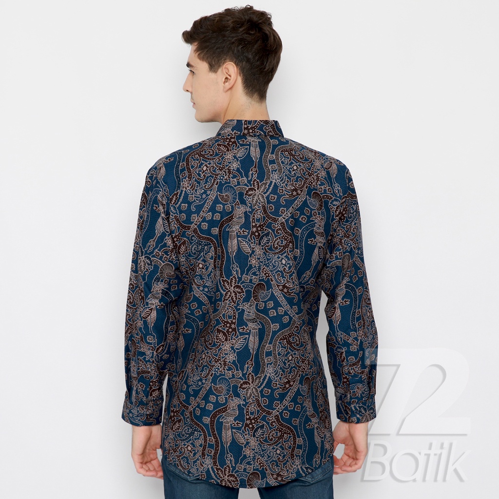 BATIK PRIA LENGAN PANJANG Kemeja Hem Slimfit Premium Motif Burung Asmat Warna Biru Hitam 721028 CAP 72 - Baju Kemeja Atasan Pakaian Setelan Batik Pria Cowok Laki Laki Remaja Keluarga Kantor Lengan Panjang Modern Slimfit Slim Fit Premium Kekinian