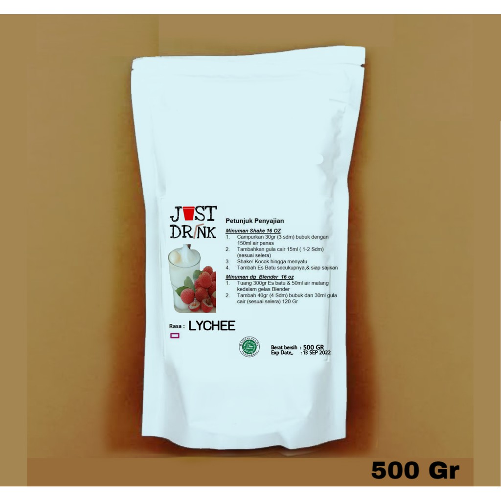 

JUST DRINK LYCHEE Bubuk Minuman KUALITAS PREMIUM Ice Blend Milk Shake LYCHEE 500 GR