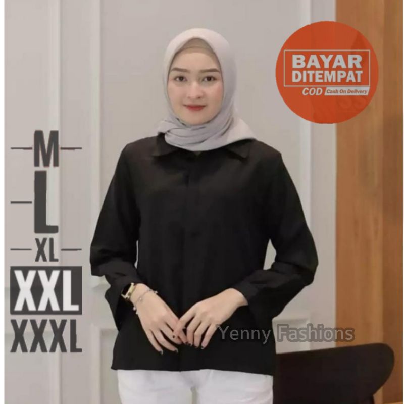 Baju atasan kemeja polos lengan panjang kerja kantor kuliah fashion ootd cewek wanita murah -7762