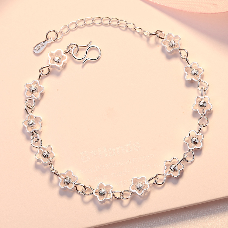 Gelang Tangan Silver Frosted Handmade Desain Bunga Plum Mekar Hollow Untuk Wanita