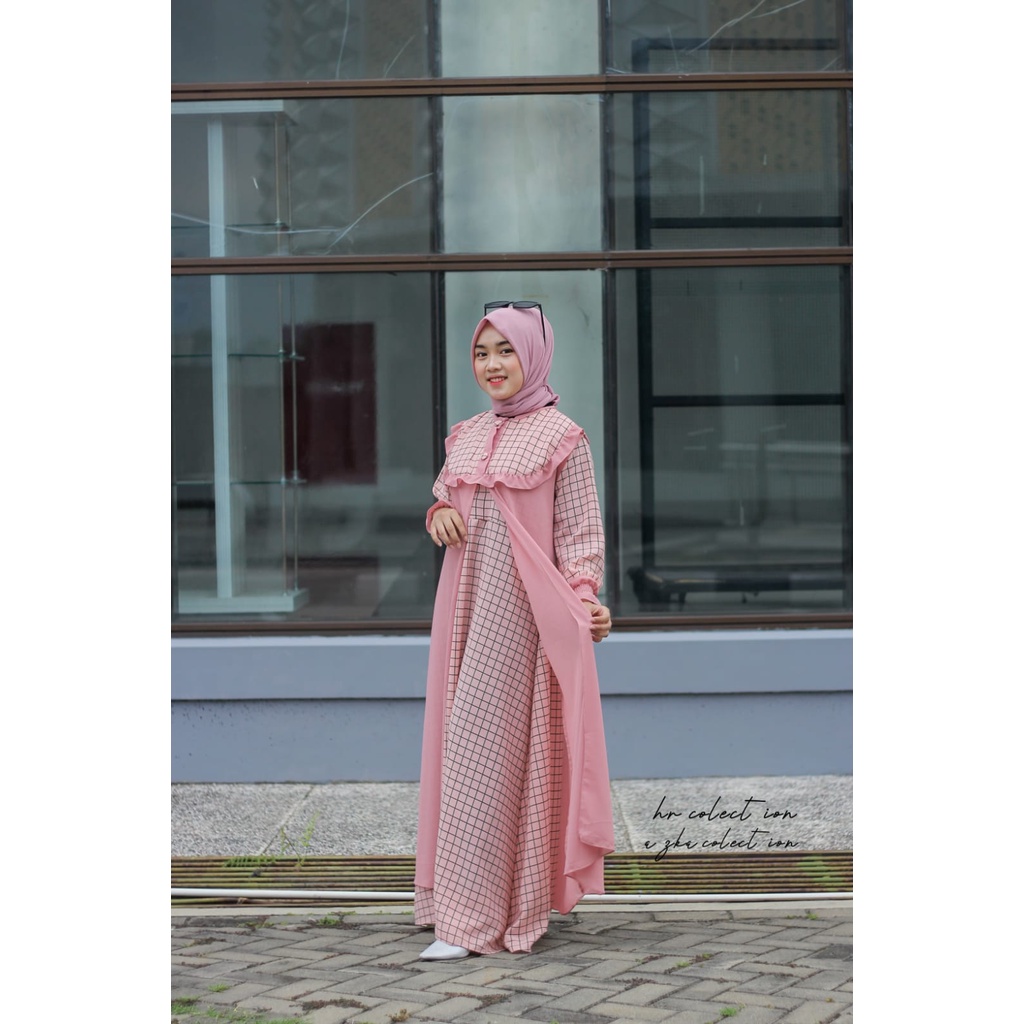 Bayar ditempat Gamis Aurelly motif kotak kekinian wolfis mix ceruty outher bisa lepas pasang