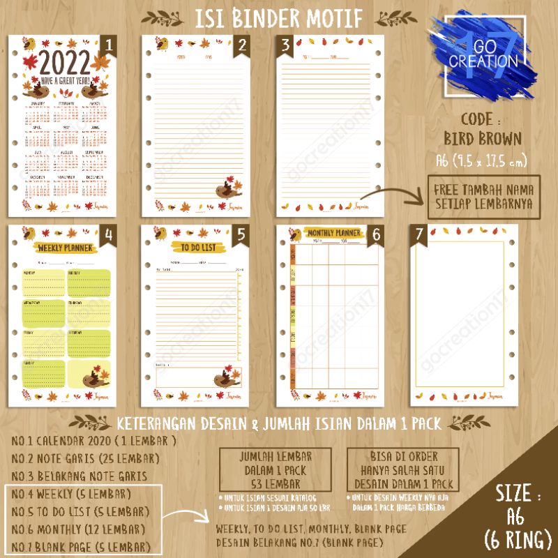 

Buku Planner isi Kertas Binder Motif Bird Brown 01 Premium A6 ring 6