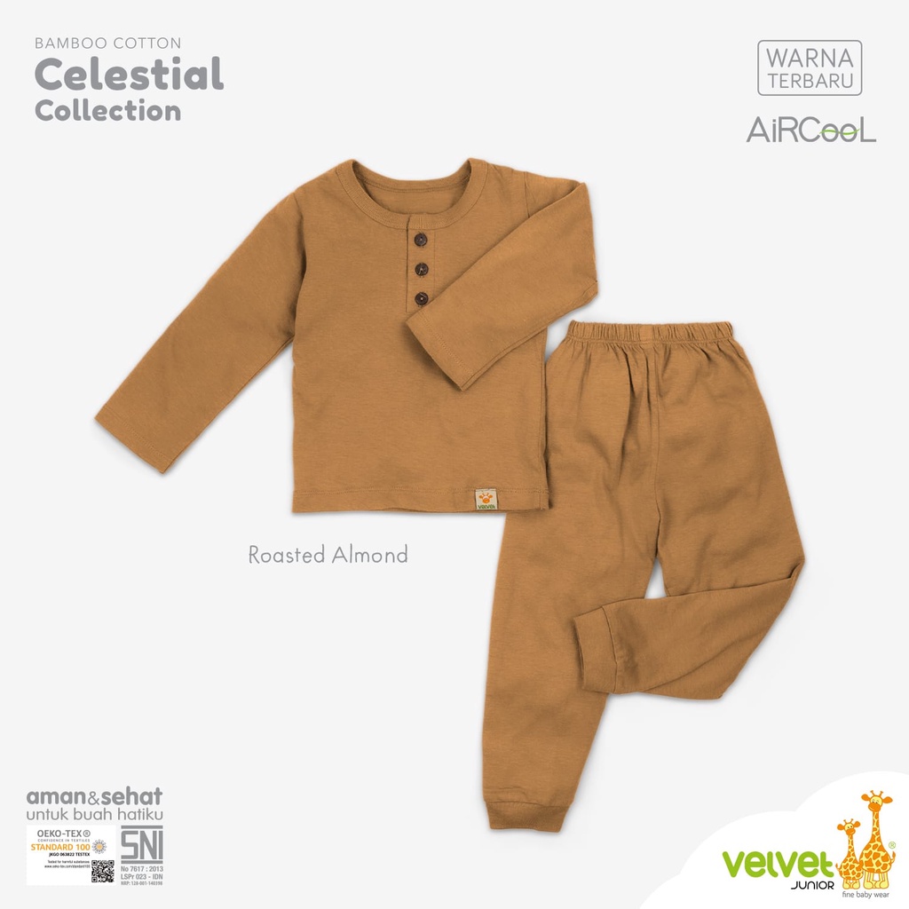 Velvet Junior AIRCOOL Piyama Anak Laki Laki Perempuan Setelan Baju Panjang Celana Panjang Kancing Dada Polos Warna LXL2345