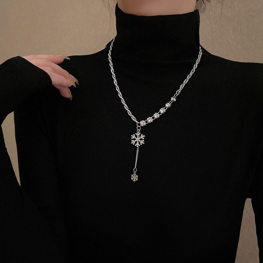 NEEDWAY Snowflake Kalung Geometris Sederhana Panjang Sweater Rantai Rumbai Berlian Imitasi Gadis Wanita Sweater Chain