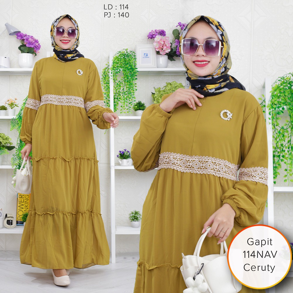 Gamis Wanita Tangan Balon Ceruty Furing Busui Sleting Variasi Renda Gapit