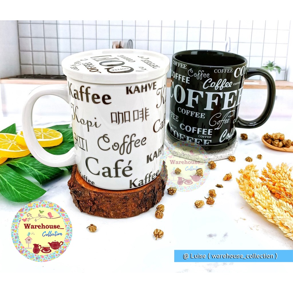 Mug /Cangkir + Tutup Full Print Coffee Keramik / Gelas Kopi black or white per-pcs