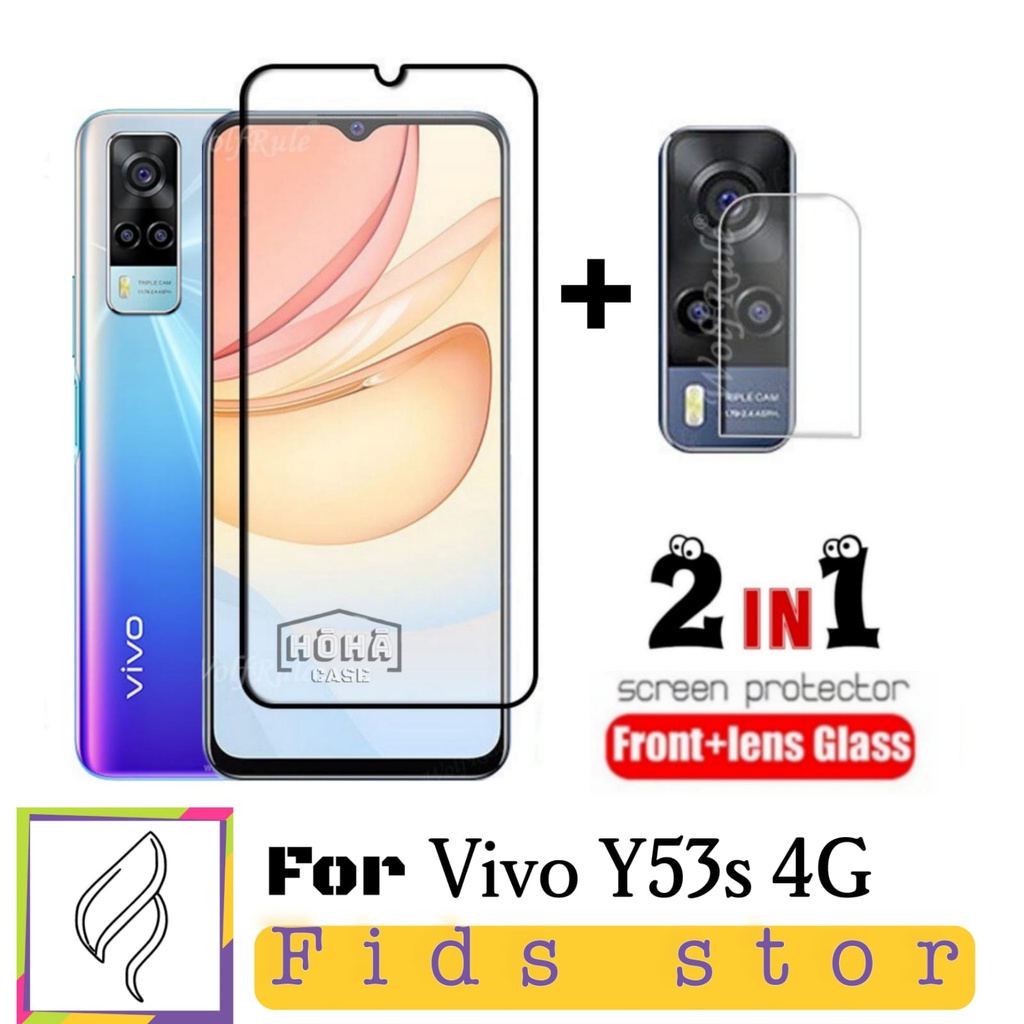 PROMO 2in1 Tempered Glass VIVO Y53s 4G Full Layar Cover Black Premium Free Tempered Glass Camera