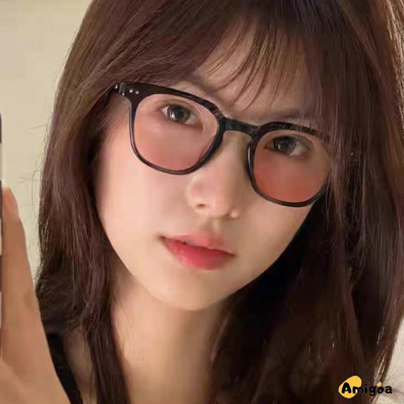 Gradient Pink Blush Glasses Wanita Trendi Wajah Bulat Kacamata Bingkai Hitam untuk Foto - AG2