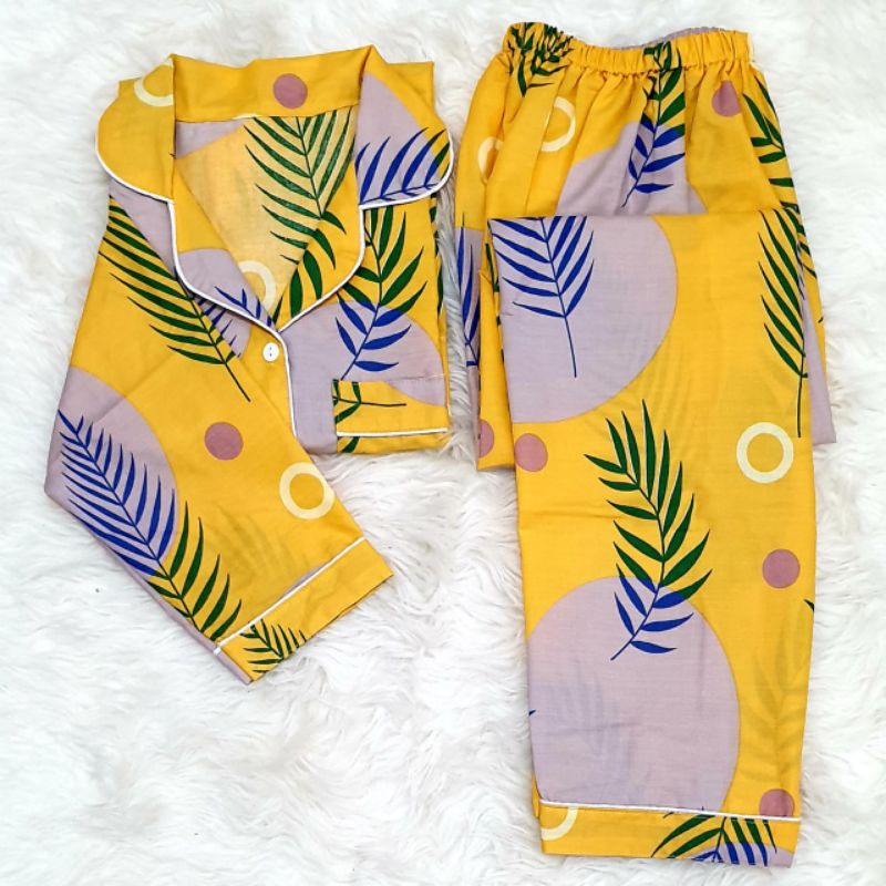 Baju tidur wanita piyama PP bahan soft katun adem lembut all size-Daun kuning