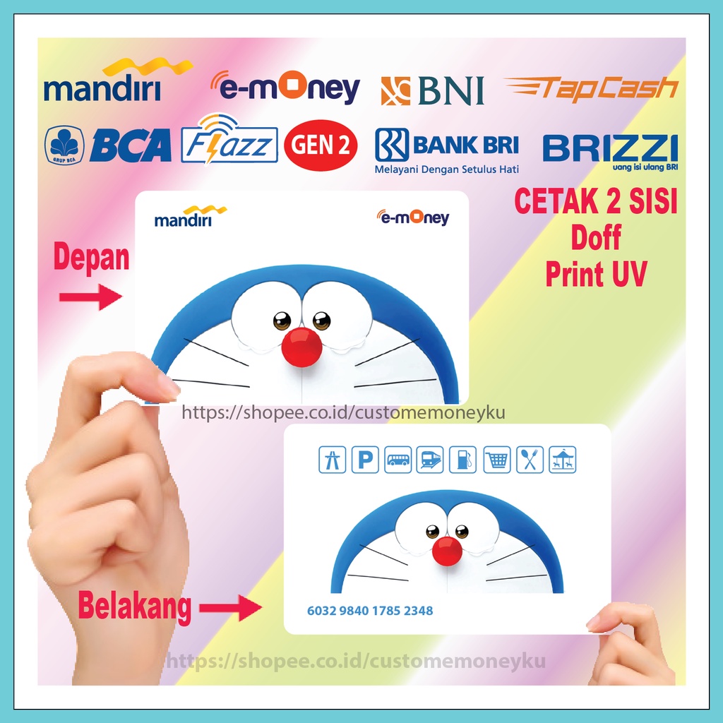 KARTU EMONEY ANIME KARTUN DORAEMON FACE STAND BY ME ETOLL E-MONEY MANDIRI FLAZZ BCA GEN 2 TAPCASH BRIZZI - 2 SISI