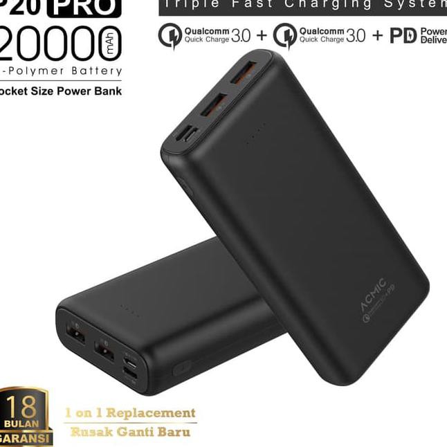 ACMIC P20PRO 20000mAh PowerBank Quick Charge 3.0 + PD Power Delivery - Hitam termurah 