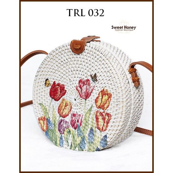 Sweeet Honey ~ Grosir Tas Rotan Bali Bulat Murah 20cm Lukis Decoupage Motif Bunga TRL032 [Bisa COD]