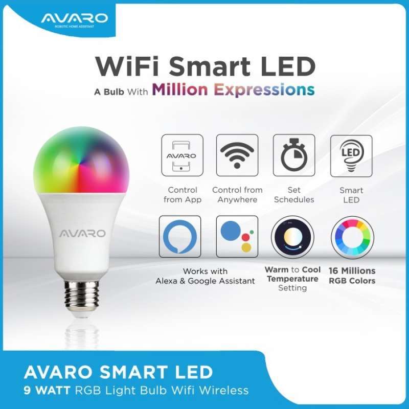 Lampu Bohlam AVARO Smart LED 9W Wireless WiFi RGB RGBWW