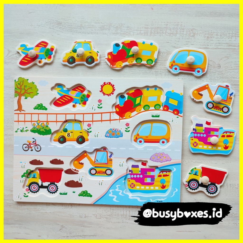 [busyboxes.id] puzzle kayu bergambar mainan edukasi anak puzzle kayu knob tema transportasi kendaraan - kereta api