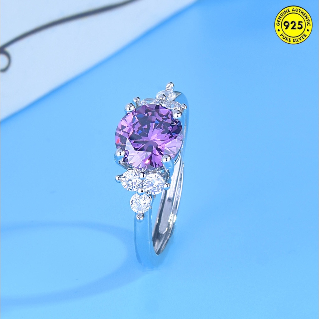 Cincin Bahan Sterling Silver 925 Hias Berlian 1 Karat Warna Ungu Untuk Wanita