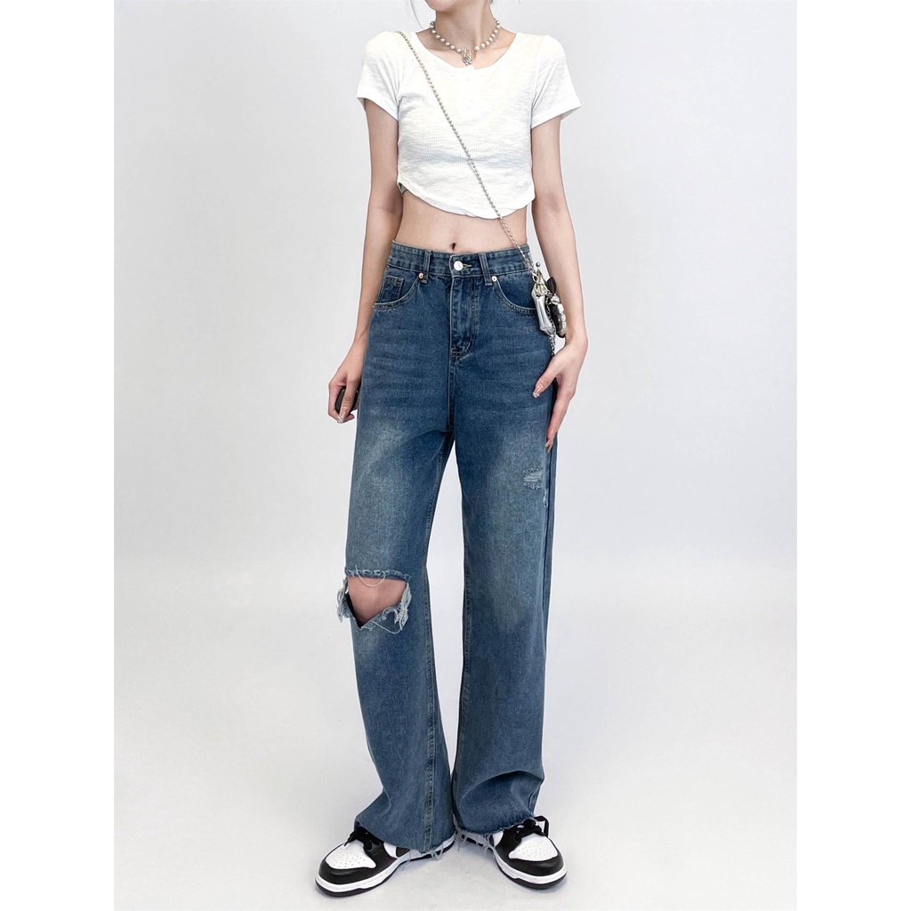 Highwaist Biru Premium Import Loose Original Fashion Retro Celana Jeans Panjang Wanita