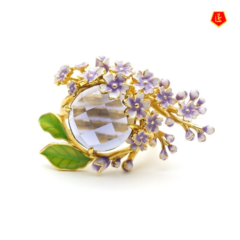 [Ready Stock]Diamond Pink Flower 18K Gold Ring Amethyst Noble Elegant Graceful