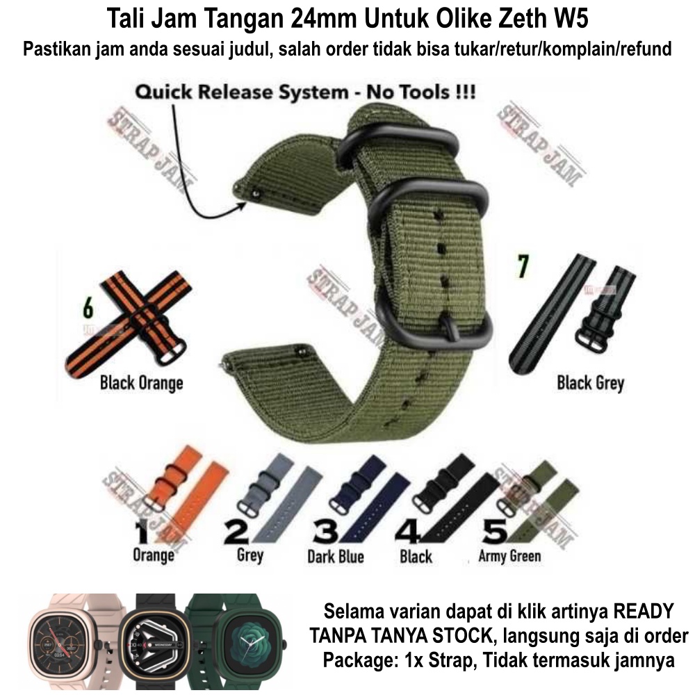 STITCHING Tali Jam Olike Zeth W5 - Strap 24mm Nylon Kanvas Dengan 3 Buckle Hitam