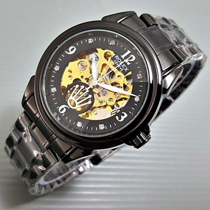 COD JAM TANGAN PRIA / COWOK ROLEX SKELETON FULLBLACK RANTAI HITAM AUTOMATIC ROLEX AUTOMATIC