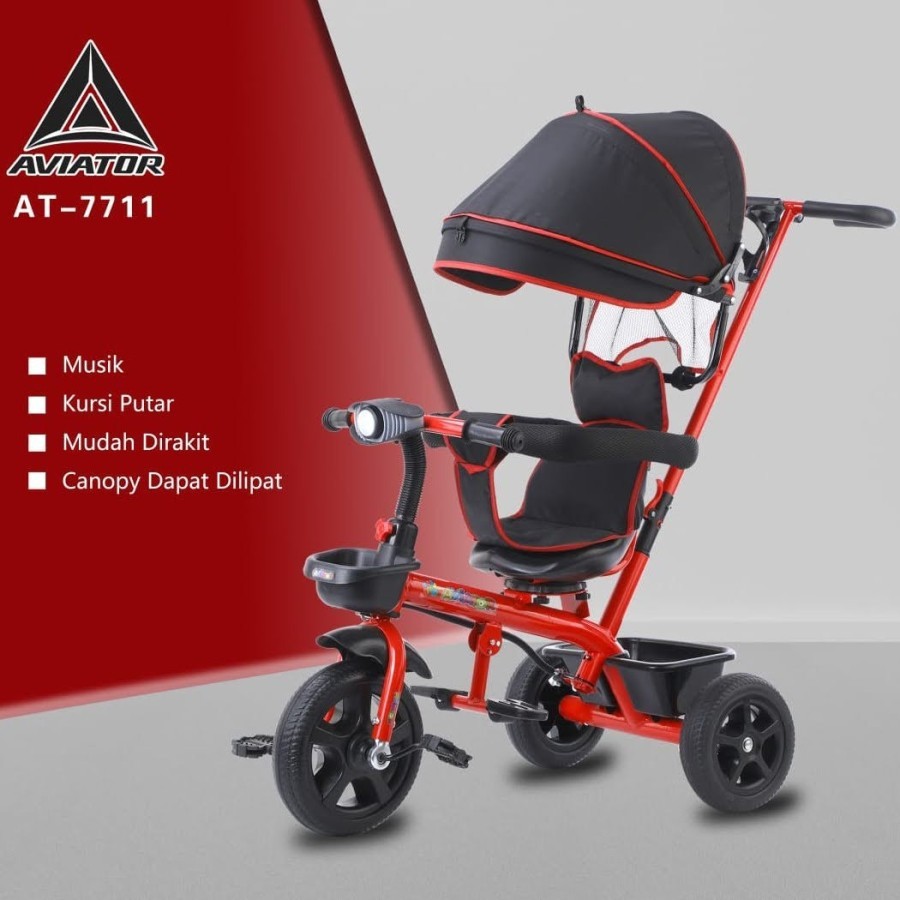 Sepeda Roda Tiga Aviator AT 7711 Stroller Kursi Putar Musik Tricycle