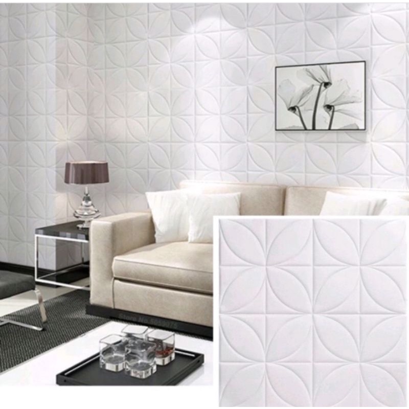 WALLPAPER DINDING 3D FOAM MOTIF BATIK UK.35CM X 35CM-TEBAL-Batik bunga putih