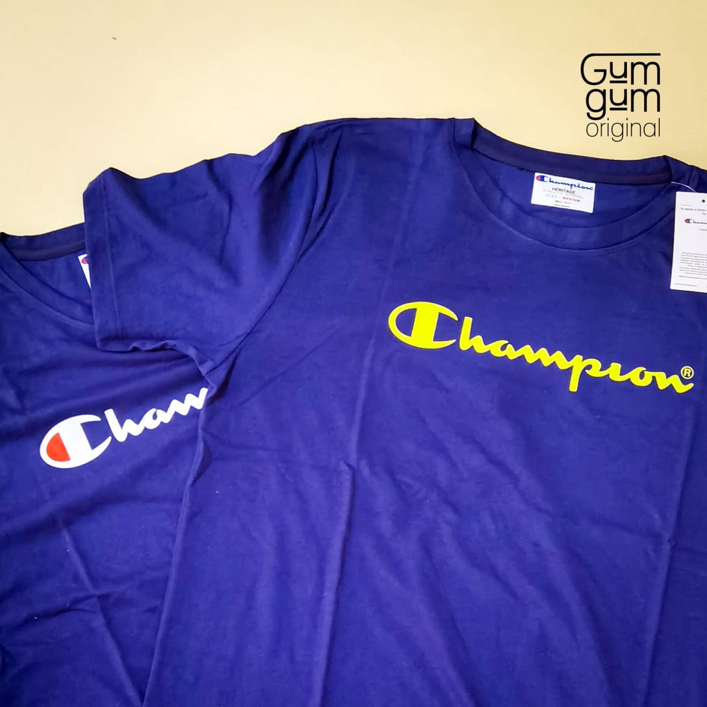 T-Shirt Champion Original - Basic Front Logo Biru Navy & Hitam (Kaos Pria Wanita / Unisex)