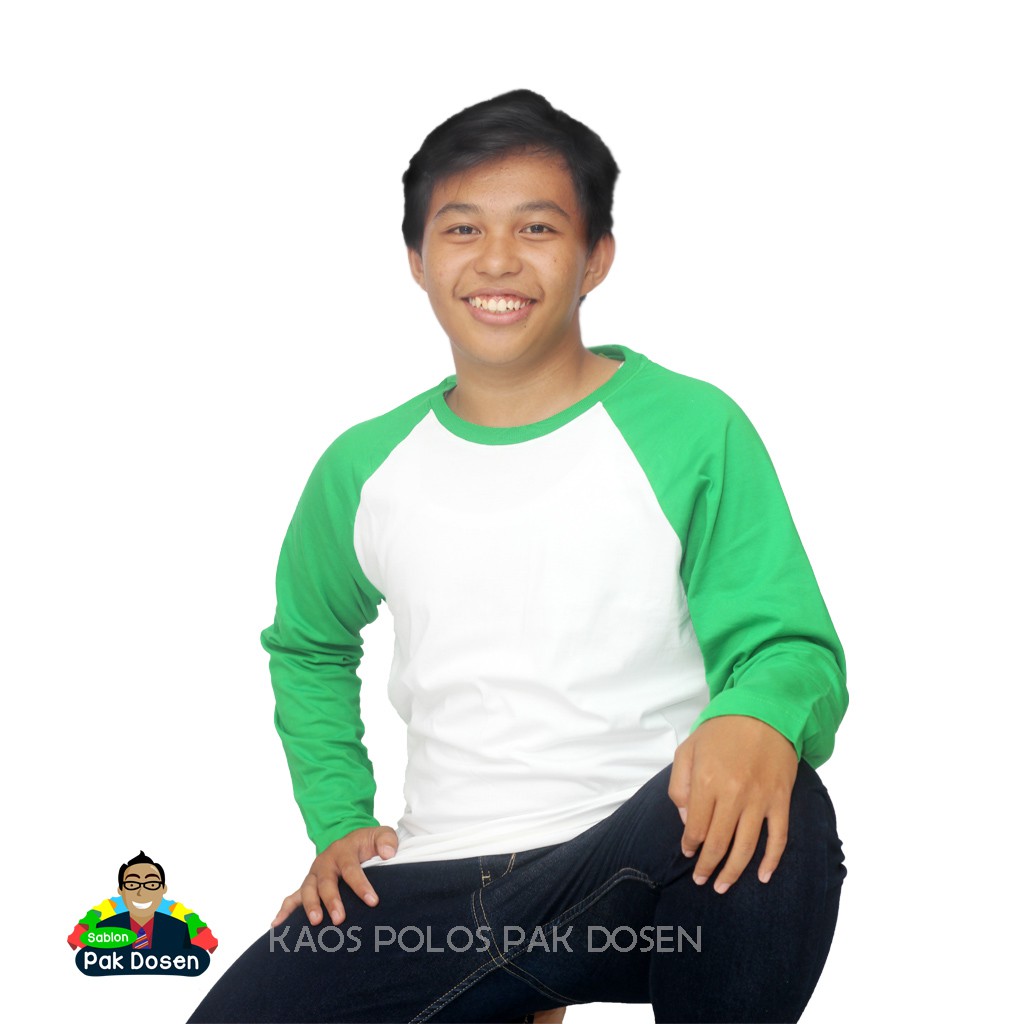 Kaos Polos Raglan Panjang Unisex Warna Putih Hijau Stabilo Cotton Combad 20s (Dewasa)